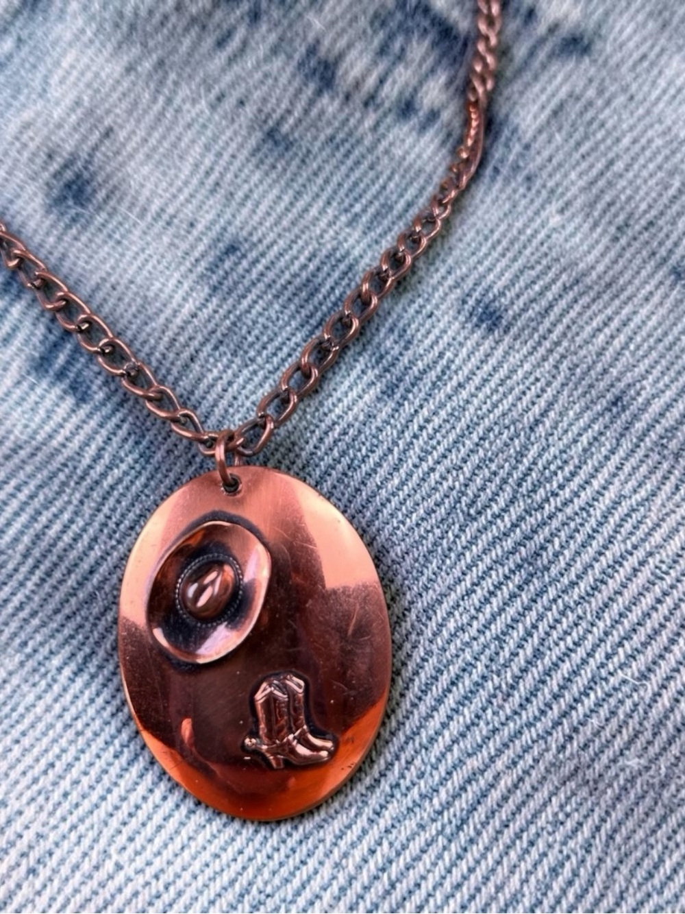 Niche Vintage Copper Cowboy Hat & Boots Pendant Necklace Western Southwestern - Picture 3 of 5
